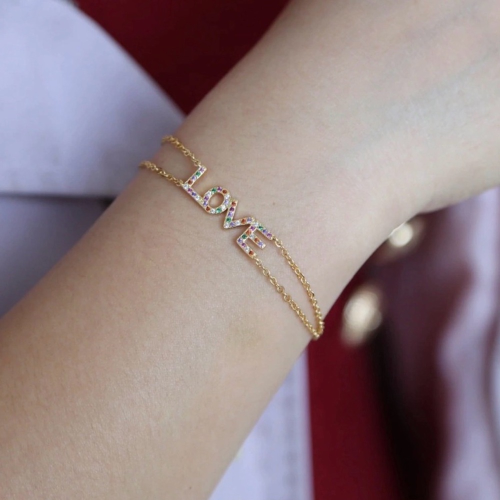 Gold LOVE Bracelet Multicolor Crystal Pavé Dainty Double Chain Stackable Gift - Picture 4 of 5